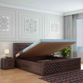 Olivia Solid Sheesham Wood Hydraulic Bed With Box Storage (Queen Size, Walnut Finish)